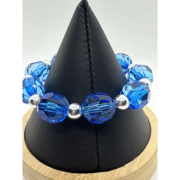 Blue Faceted Bead & Silver Stretch Bracelet For Women Adjustable - Picture 2 of 3